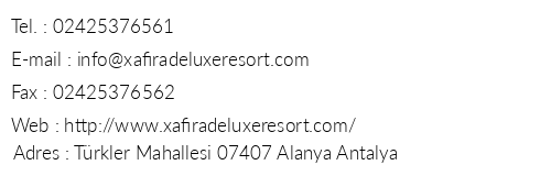 Xafira Deluxe Resort & Spa telefon numaralar, faks, e-mail, posta adresi ve iletiim bilgileri